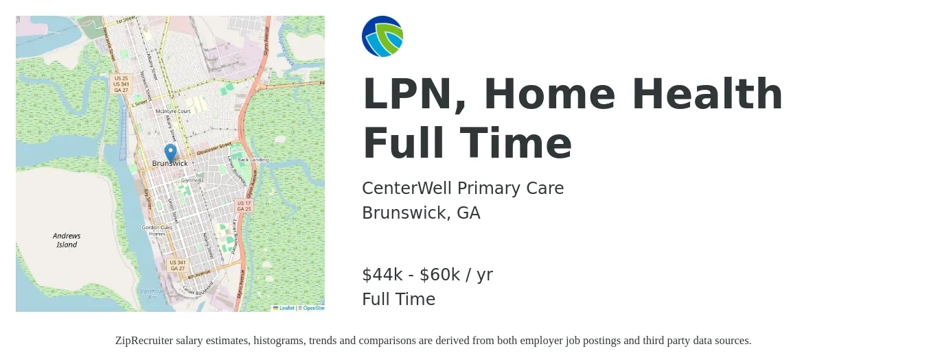 CenterWell Primary Care job posting for a LPN, Home Health Full Time in Brunswick, GA with a salary of $44,200 to $60,900 Yearly with a map of Brunswick location.