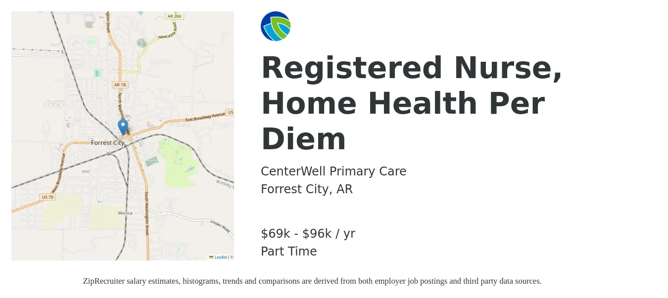 CenterWell Primary Care job posting for a Registered Nurse, Home Health Per Diem in Forrest City, AR with a salary of $69,800 to $96,200 Yearly with a map of Forrest City location.