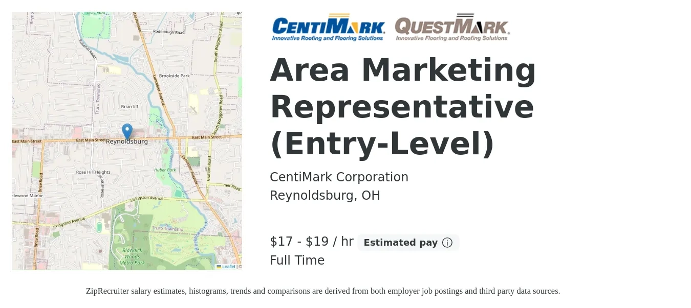 CentiMark Corporation job posting for a Area Marketing Representative (Entry-Level) in Reynoldsburg, OH with a salary of $18 to $20 Hourly with a map of Reynoldsburg location.