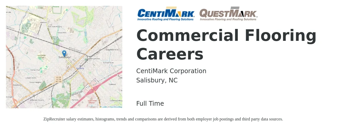 CentiMark Corporation job posting for a Commercial Flooring Careers in Salisbury, NC with a salary of $43,800 to $63,300 Yearly with a map of Salisbury location.