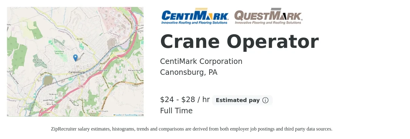 CentiMark Corporation job posting for a Crane Operator in Canonsburg, PA with a salary of $25 to $30 Hourly with a map of Canonsburg location.
