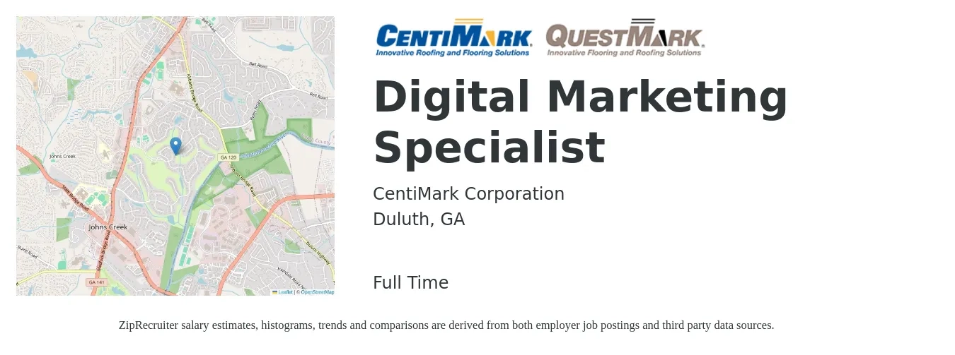 CentiMark Corporation job posting for a Digital Marketing Specialist in Duluth, GA with a salary of $46,000 to $68,600 Yearly with a map of Duluth location.