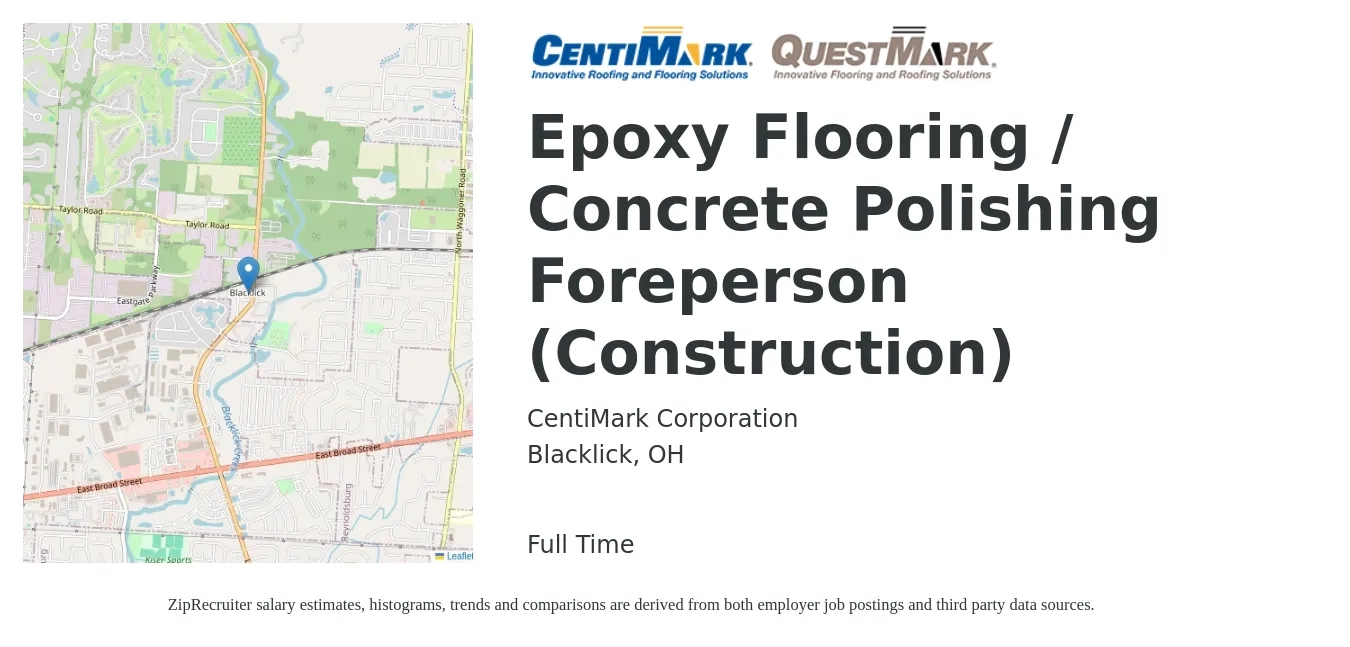 CentiMark Corporation job posting for a Epoxy Flooring / Concrete Polishing Foreperson (Construction) in Blacklick, OH with a salary of $20 to $25 Hourly with a map of Blacklick location.