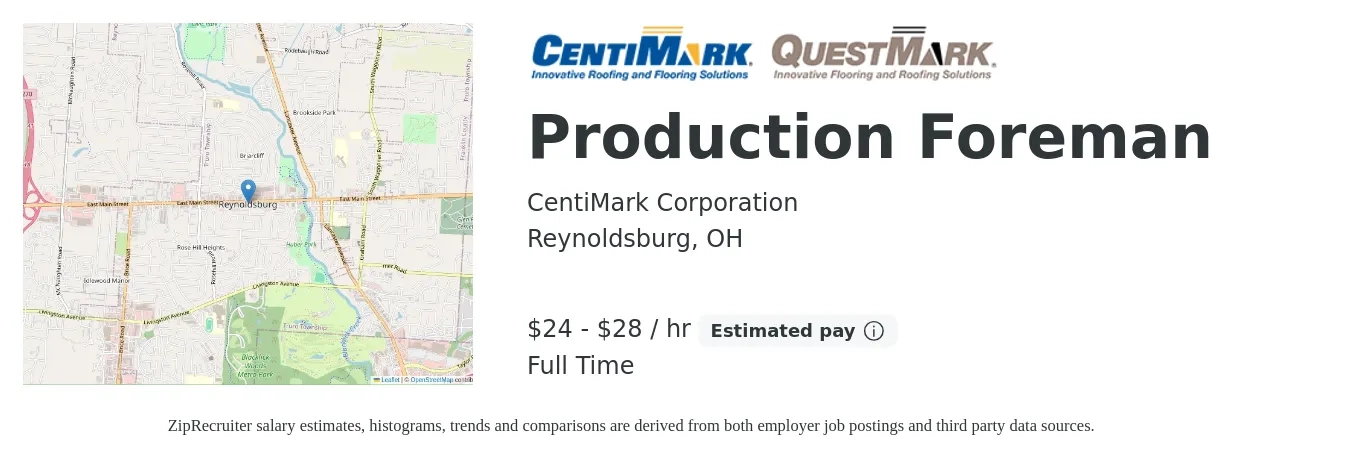 CentiMark Corporation job posting for a Production Foreman in Reynoldsburg, OH with a salary of $25 to $30 Hourly with a map of Reynoldsburg location.