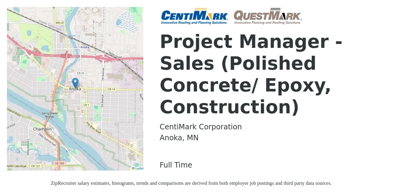 CentiMark Corporation job posting for a Project Manager - Sales (Polished Concrete/ Epoxy, Construction) in Anoka, MN with a salary of $59,100 to $115,200 Yearly with a map of Anoka location.