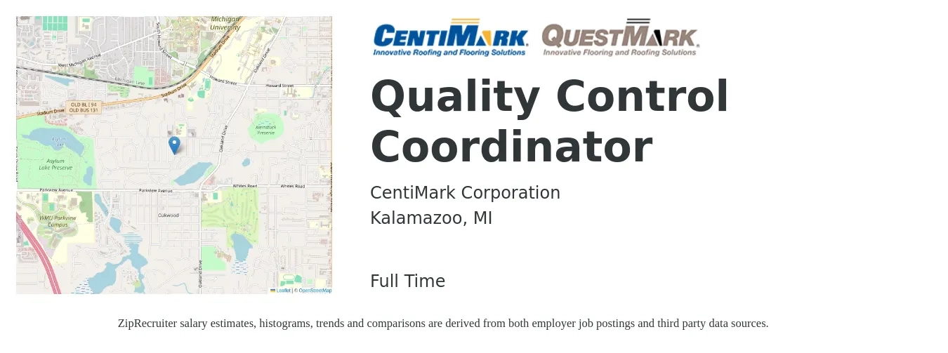 CentiMark Corporation job posting for a Quality Control Coordinator in Kalamazoo, MI with a salary of $19 to $26 Hourly with a map of Kalamazoo location.