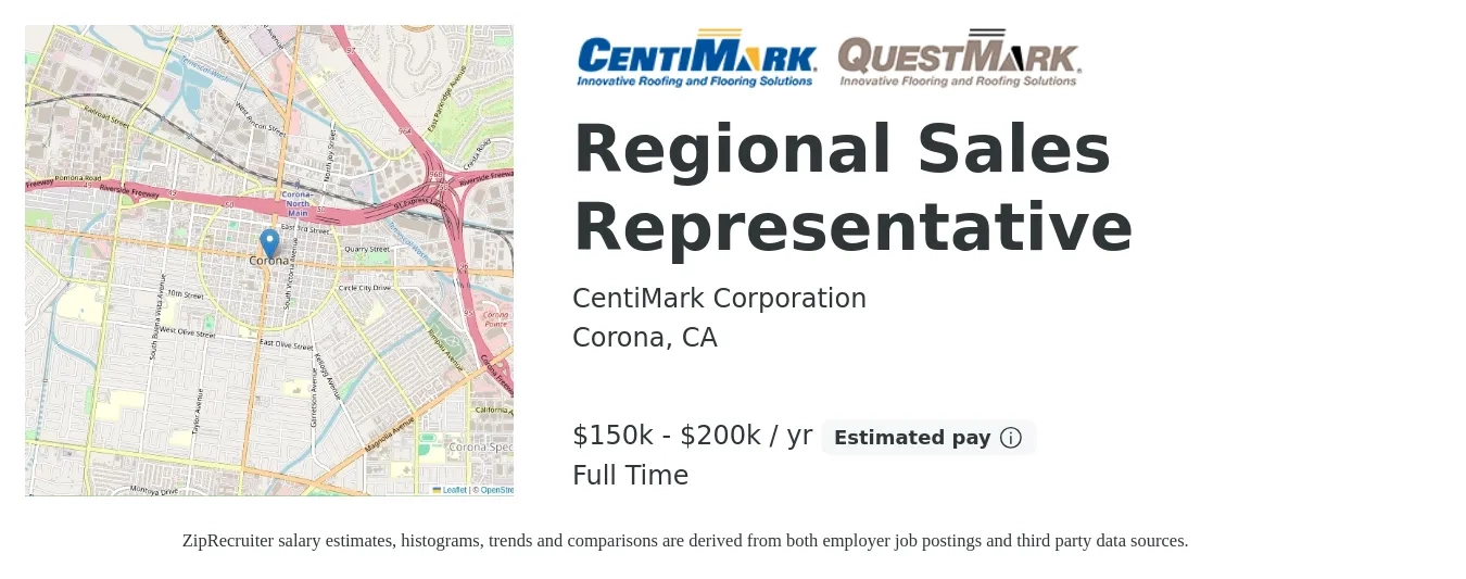 CentiMark Corporation job posting for a Regional Sales Representative in Corona, CA with a salary of $150,000 to $200,000 Yearly with a map of Corona location.