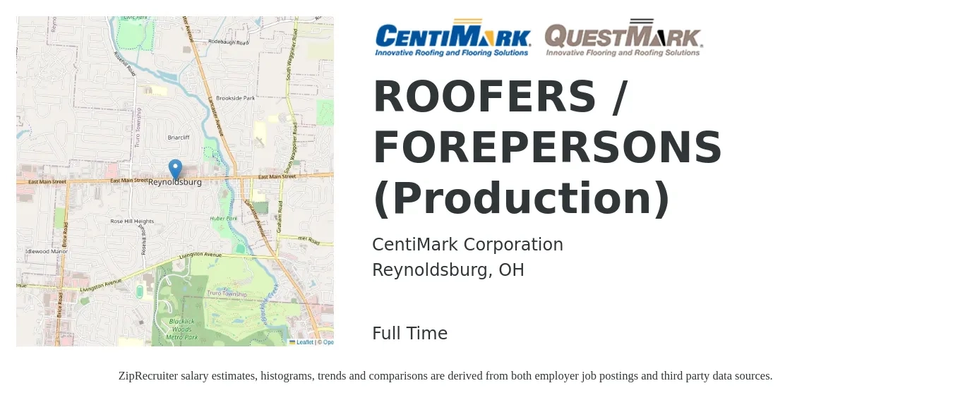 CentiMark Corporation job posting for a ROOFERS / FOREPERSONS (Production) in Reynoldsburg, OH with a salary of $18 to $26 Hourly with a map of Reynoldsburg location.