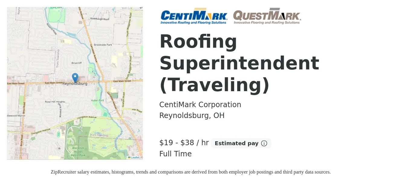 CentiMark Corporation job posting for a Roofing Superintendent (Traveling) in Reynoldsburg, OH with a salary of $20 to $40 Hourly with a map of Reynoldsburg location.