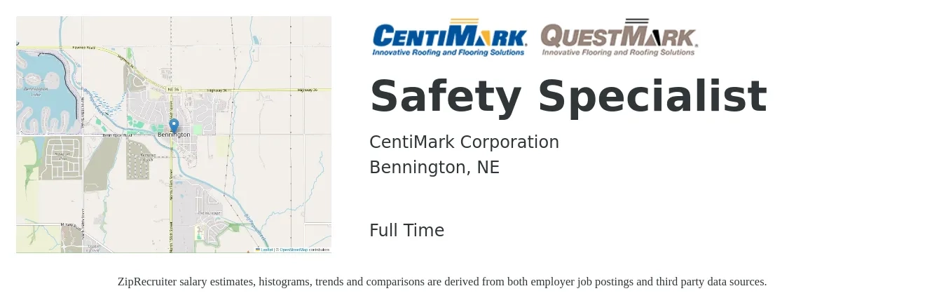 CentiMark Corporation job posting for a Safety Specialist in Bennington, NE with a salary of $44,900 to $71,500 Yearly with a map of Bennington location.