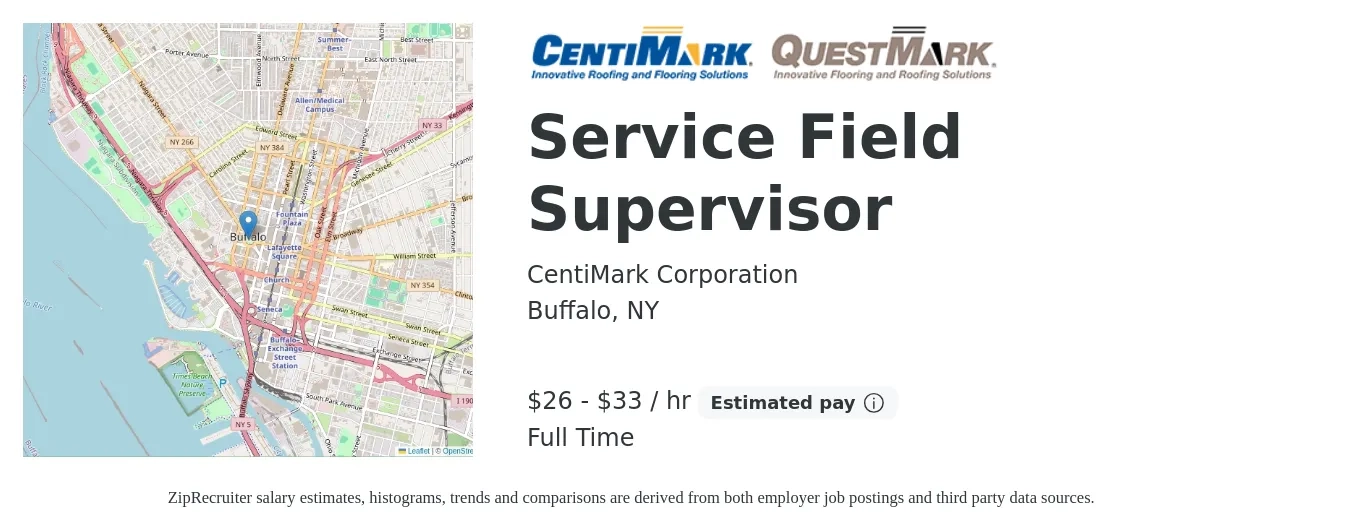 CentiMark Corporation job posting for a Service Field Supervisor in Buffalo, NY with a salary of $28 to $35 Hourly with a map of Buffalo location.