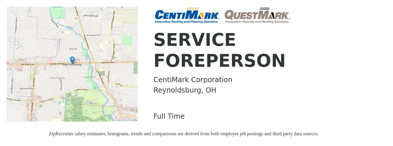 CentiMark Corporation job posting for a SERVICE FOREPERSON in Reynoldsburg, OH with a salary of $56,300 to $80,500 Yearly with a map of Reynoldsburg location.