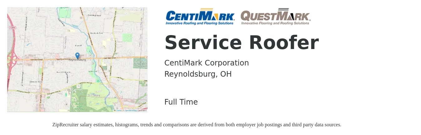 CentiMark Corporation job posting for a Service Roofer in Reynoldsburg, OH with a salary of $18 to $26 Hourly with a map of Reynoldsburg location.