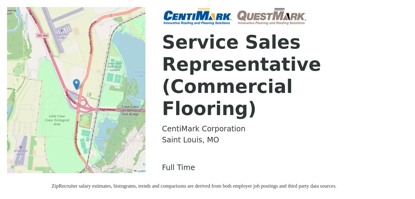 CentiMark Corporation job posting for a Service Sales Representative (Commercial Flooring) in Saint Louis, MO with a salary of $55,000 to $65,000 Yearly with a map of Saint Louis location.