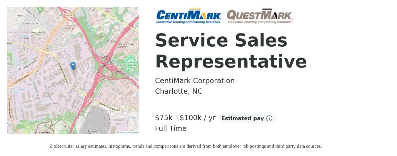CentiMark Corporation job posting for a Service Sales Representative in Charlotte, NC with a salary of $75,000 to $100,000 Yearly with a map of Charlotte location.