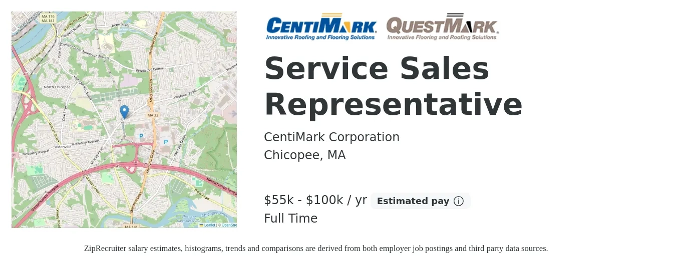 CentiMark Corporation job posting for a Service Sales Representative in Chicopee, MA with a salary of $55,000 to $100,000 Yearly with a map of Chicopee location.