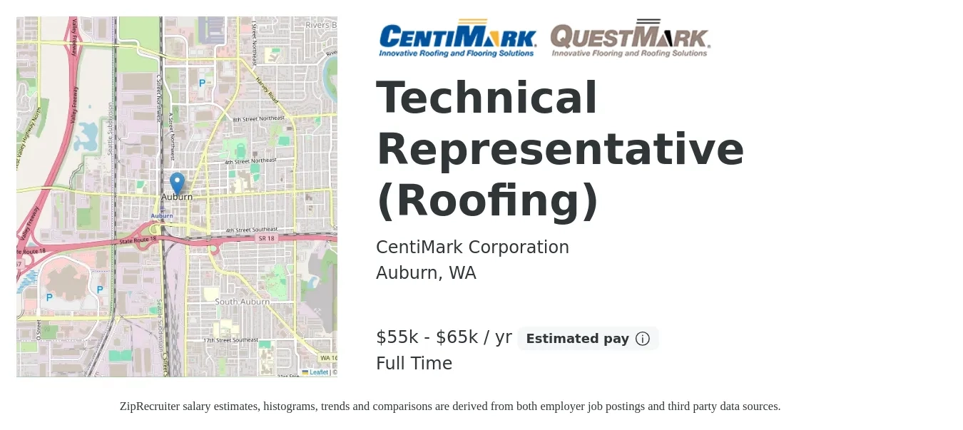 CentiMark Corporation job posting for a Technical Representative (Roofing) in Auburn, WA with a salary of $55,000 to $65,000 Yearly with a map of Auburn location.