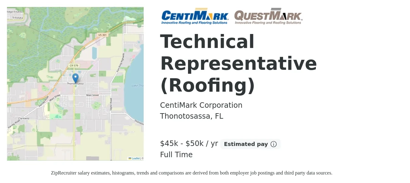 CentiMark Corporation job posting for a Technical Representative (Roofing) in Thonotosassa, FL with a salary of $45,000 to $50,000 Yearly with a map of Thonotosassa location.