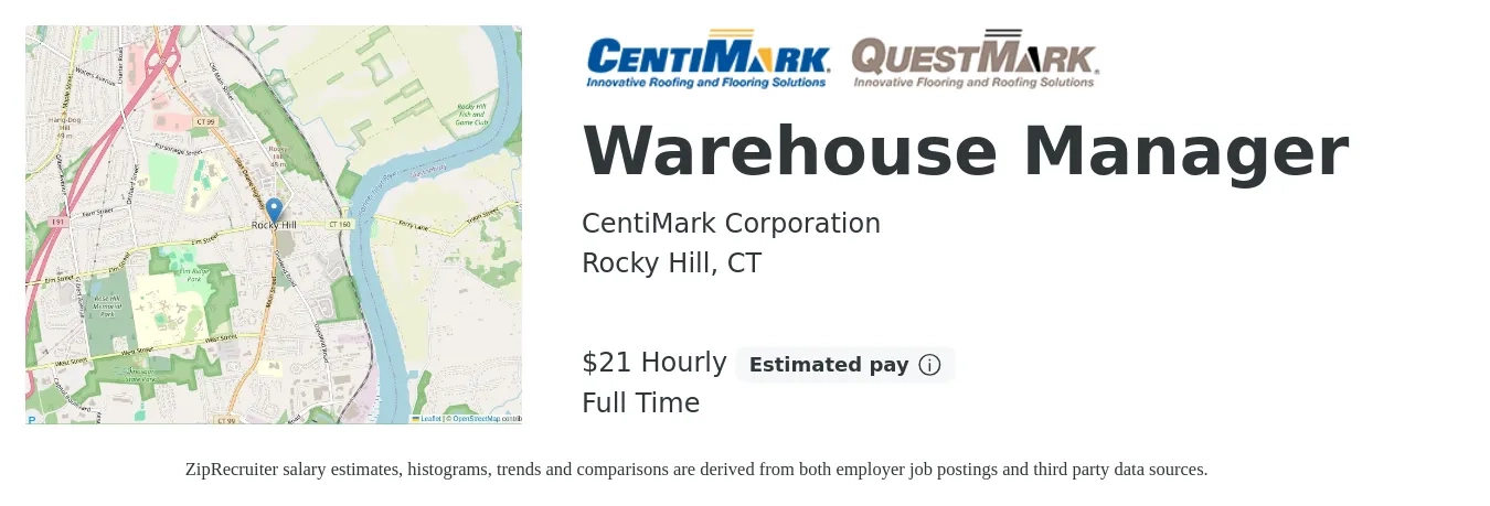 CentiMark Corporation job posting for a Warehouse Manager in Rocky Hill, CT with a salary of $22 Hourly with a map of Rocky Hill location.