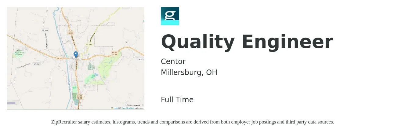 Centor job posting for a Quality Engineer in Millersburg, OH with a salary of $60,000 to $77,600 Yearly with a map of Millersburg location.