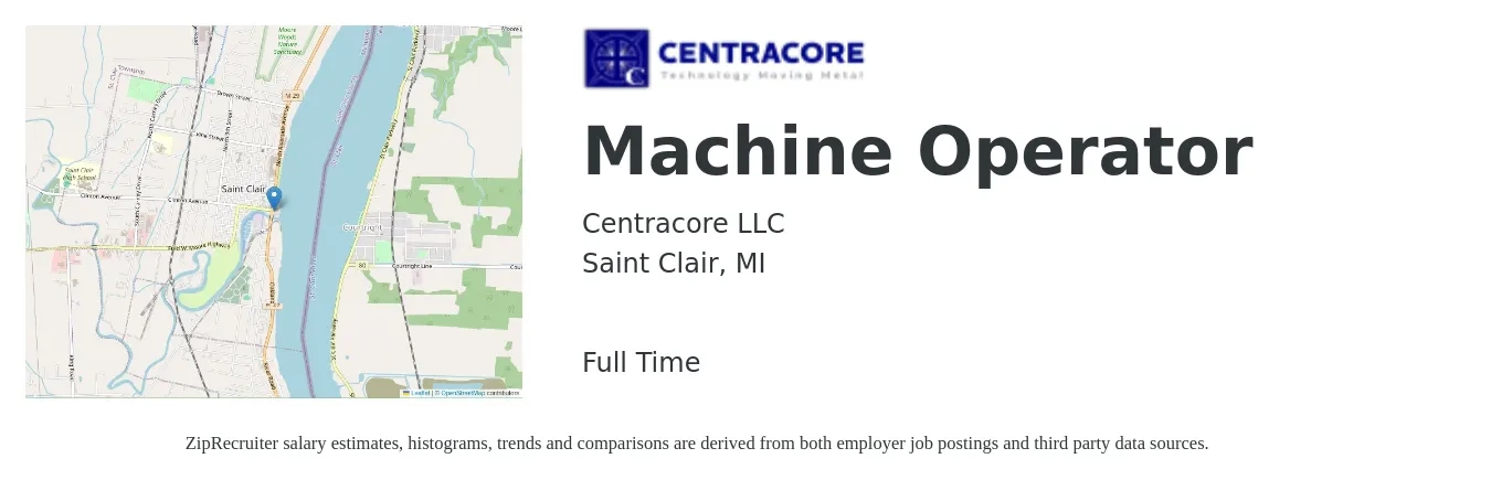 Centracore LLC job posting for a Machine Operator in Saint Clair, MI with a salary of $16 to $19 Hourly with a map of Saint Clair location.