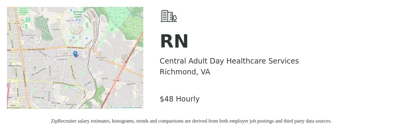 Central Adult Day Healthcare Services job posting for a RN in Richmond, VA with a salary of $40 Hourly with a map of Richmond location.