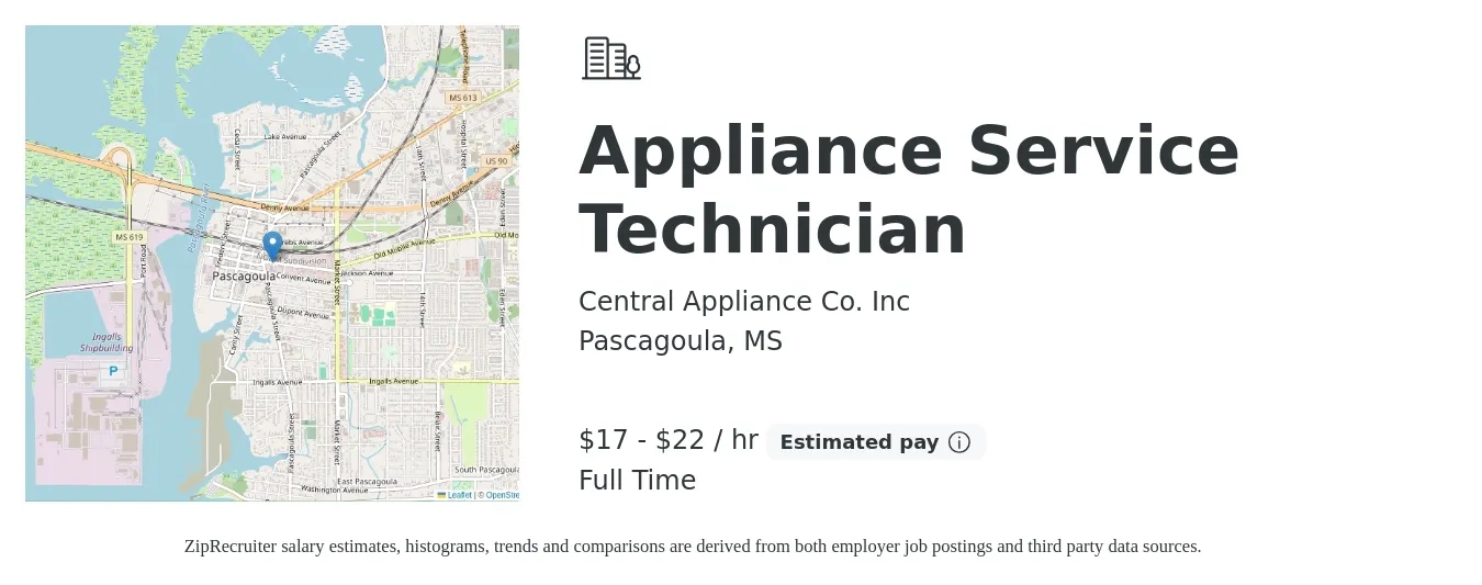 Central Appliance Co. Inc job posting for a Appliance Service Technician in Pascagoula, MS with a salary of $18 to $23 Hourly with a map of Pascagoula location.