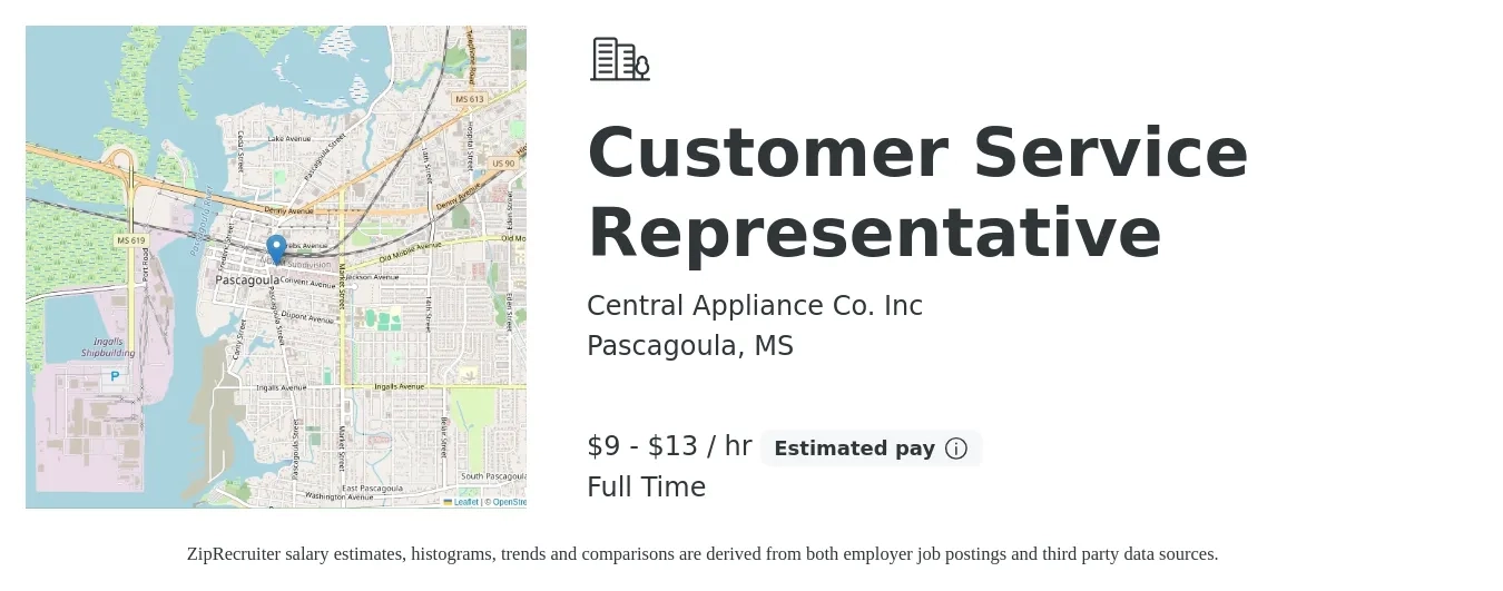 Central Appliance Co. Inc job posting for a Customer Service Representative in Pascagoula, MS with a salary of $10 to $14 Hourly with a map of Pascagoula location.