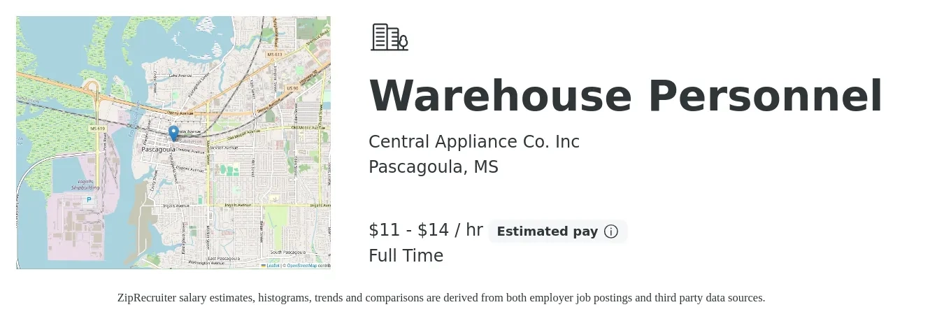 Central Appliance Co. Inc job posting for a Warehouse Personnel in Pascagoula, MS with a salary of $12 to $15 Hourly with a map of Pascagoula location.