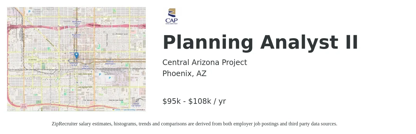 Central Arizona Project job posting for a Planning Analyst II in Phoenix, AZ with a salary of $95,000 to $108,000 Yearly with a map of Phoenix location.
