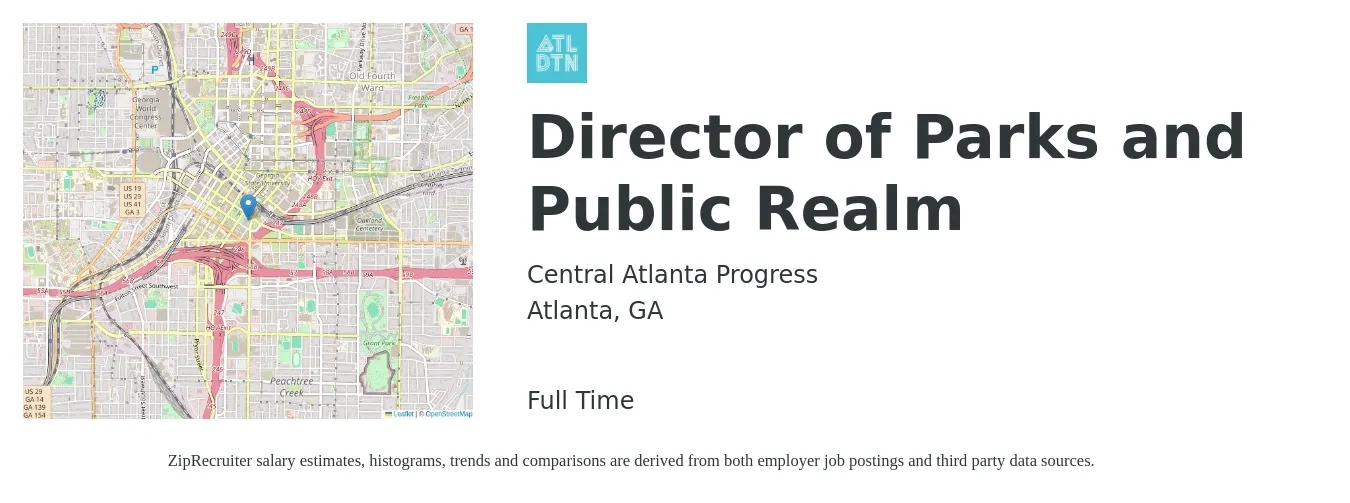 Central Atlanta Progress job posting for a Director of Parks and Public Realm in Atlanta, GA with a salary of $87,000 to $144,700 Yearly with a map of Atlanta location.