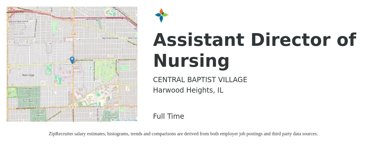 CENTRAL BAPTIST VILLAGE job posting for a Assistant Director of Nursing in Harwood Heights, IL with a salary of $75,000 to $99,700 Yearly with a map of Harwood Heights location.