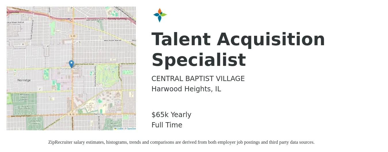 CENTRAL BAPTIST VILLAGE job posting for a Talent Acquisition Specialist in Harwood Heights, IL with a salary of $65,000 Yearly with a map of Harwood Heights location.