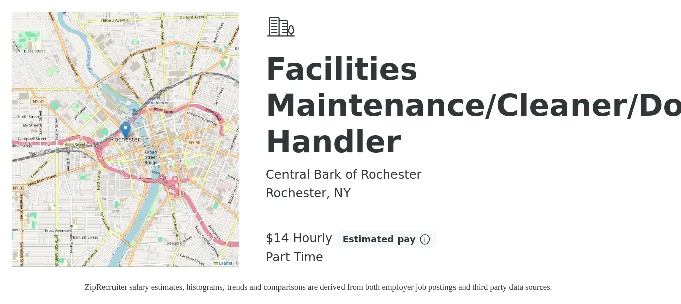 Central Bark of Rochester job posting for a Facilities Maintenance/Cleaner/Dog Handler in Rochester, NY with a salary of $15 Hourly with a map of Rochester location.