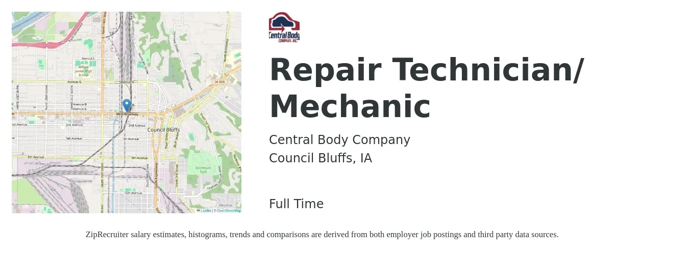 Central Body Company job posting for a Repair Technician/ Mechanic in Council Bluffs, IA with a salary of $19 to $28 Hourly with a map of Council Bluffs location.