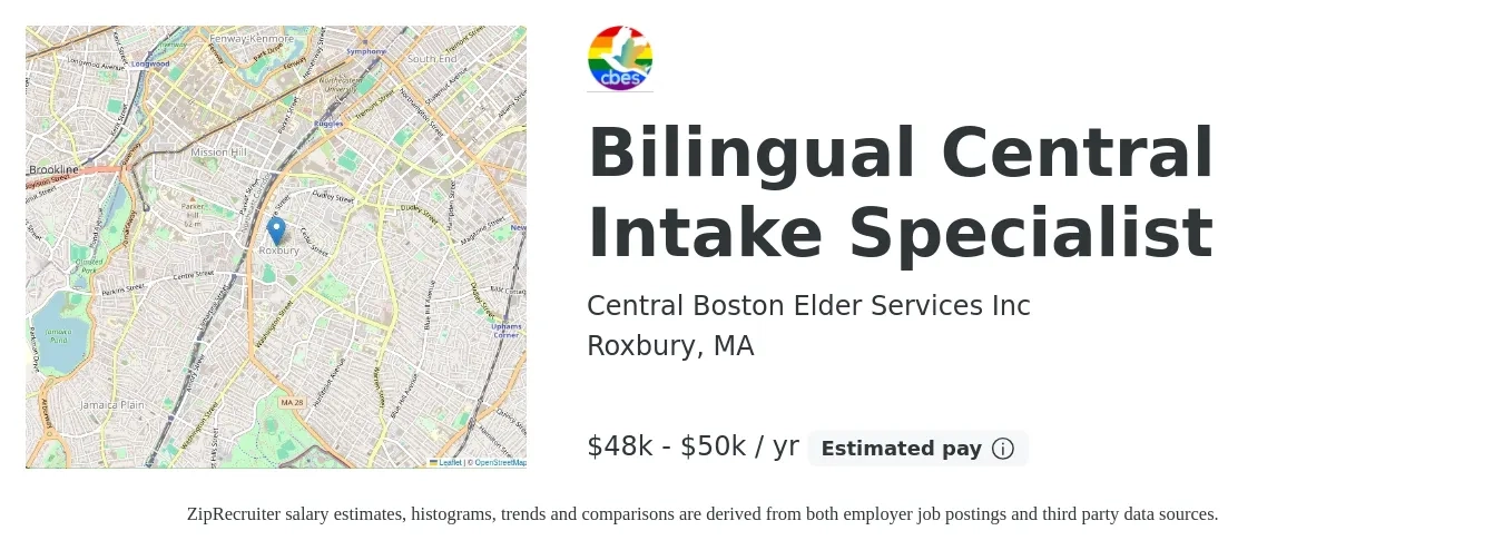Central Boston Elder Services Inc job posting for a Bilingual Central Intake Specialist in Roxbury, MA with a salary of $48,000 to $50,000 Yearly with a map of Roxbury location.