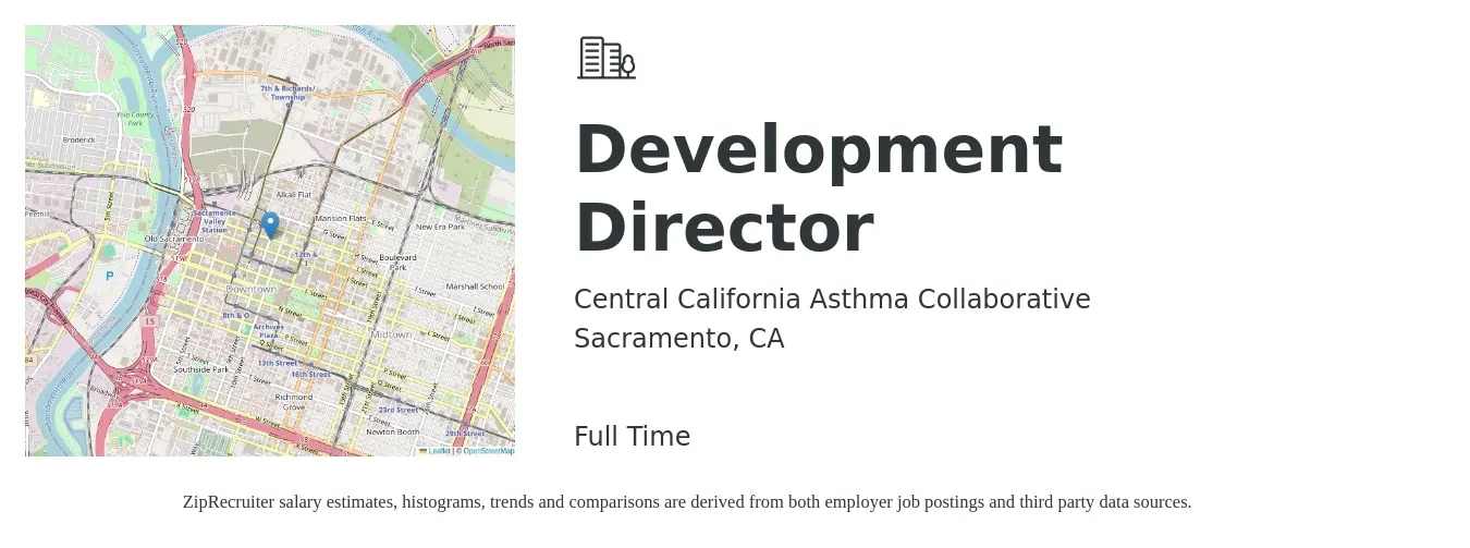 Central California Asthma Collaborative job posting for a Development Director in Sacramento, CA with a salary of $85,000 to $115,000 Yearly with a map of Sacramento location.