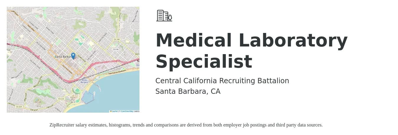 Central California Recruiting Battalion job posting for a Medical Laboratory Specialist in Santa Barbara, CA with a salary of $41,600 to $53,000 Yearly with a map of Santa Barbara location.