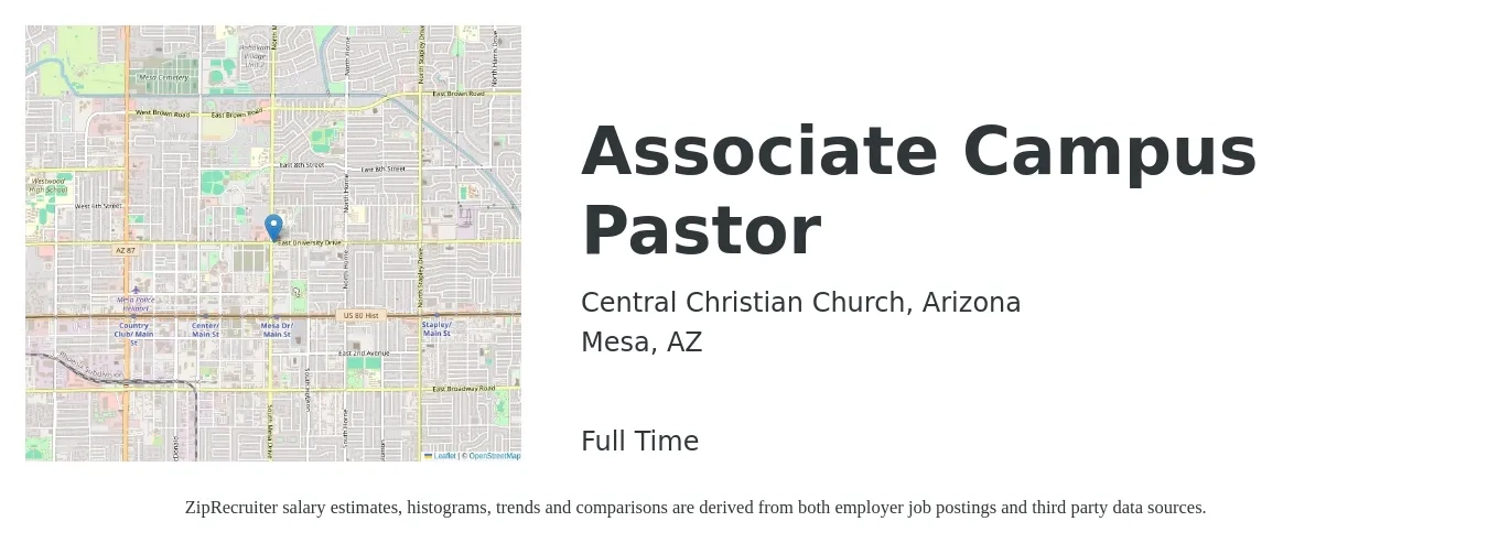 Central Christian Church, Arizona job posting for a Associate Campus Pastor in Mesa, AZ with a salary of $40,300 to $59,700 Yearly with a map of Mesa location.