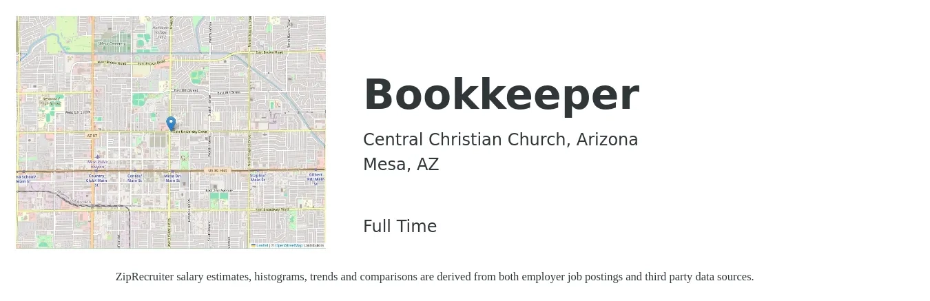 Central Christian Church, Arizona job posting for a Bookkeeper in Mesa, AZ with a salary of $20 to $28 Hourly with a map of Mesa location.
