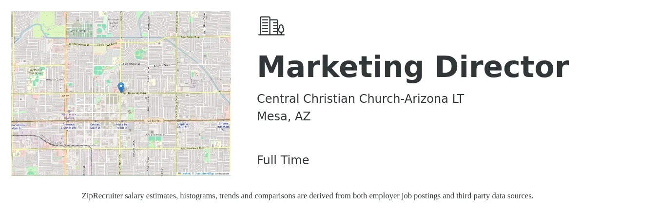 Central Christian Church-Arizona LT job posting for a Marketing Director in Mesa, AZ with a salary of $69,400 to $127,700 Yearly with a map of Mesa location.