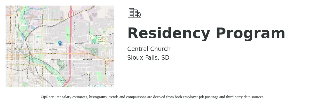 Central Church job posting for a Residency Program in Sioux Falls, SD with a salary of $38,700 to $57,500 Yearly with a map of Sioux Falls location.