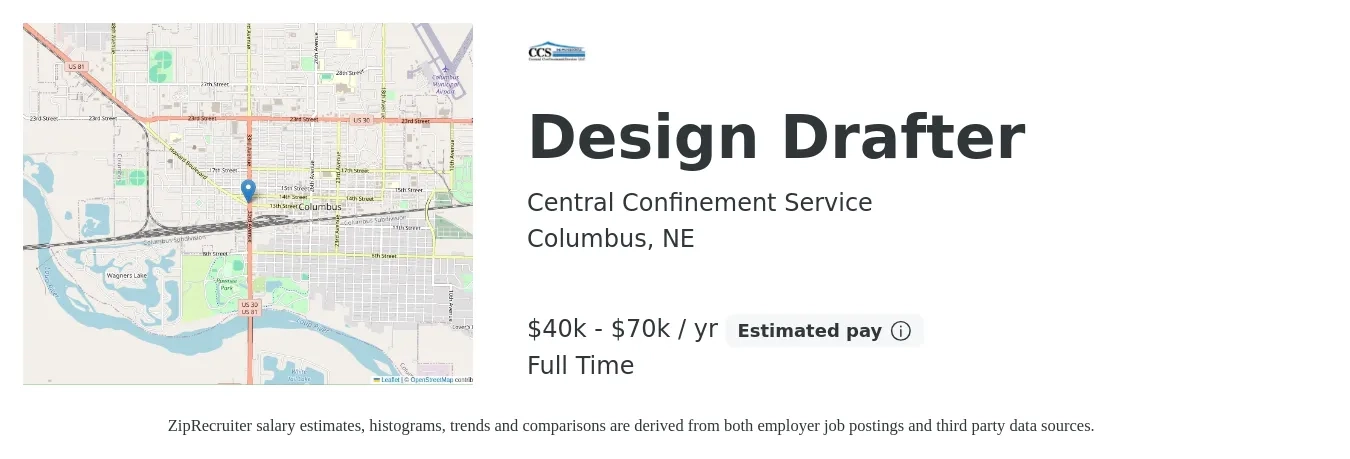 Central Confinement Service job posting for a Design Drafter in Columbus, NE with a salary of $40,000 to $70,000 Yearly with a map of Columbus location.