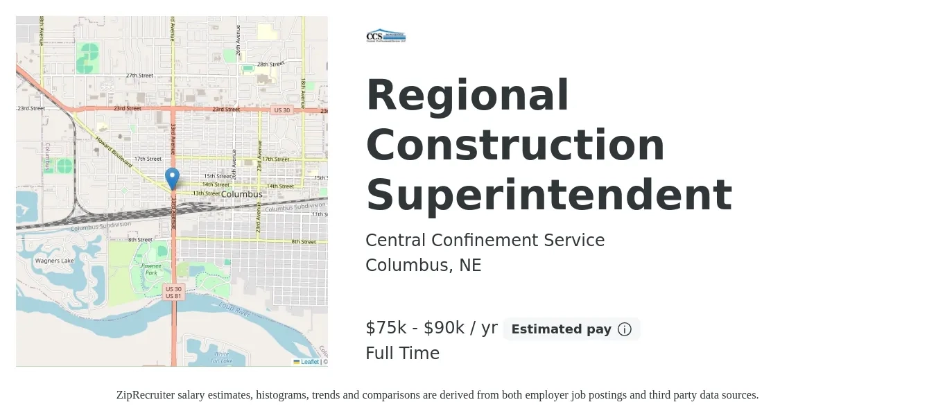 Central Confinement Service job posting for a Regional Construction Superintendent in Columbus, NE with a salary of $65,000 to $85,000 Yearly with a map of Columbus location.