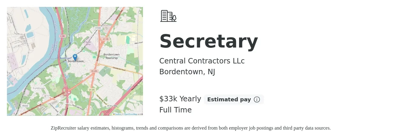 Central Contractors LLc job posting for a Secretary in Bordentown, NJ with a salary of $33,000 Yearly with a map of Bordentown location.