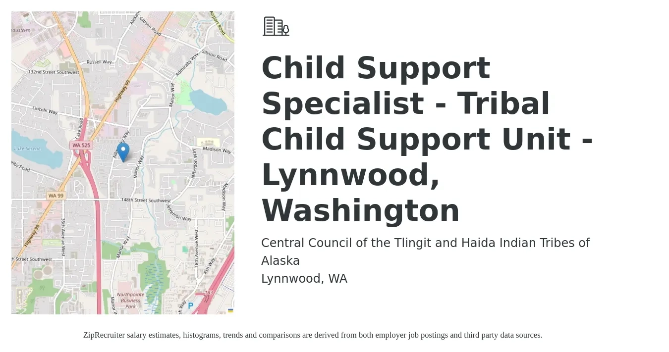 Central Council of the Tlingit and Haida Indian Tribes of Alaska job posting for a Child Support Specialist - Tribal Child Support Unit - Lynnwood, Washington in Lynnwood, WA with a salary of $27 to $39 Hourly with a map of Lynnwood location.