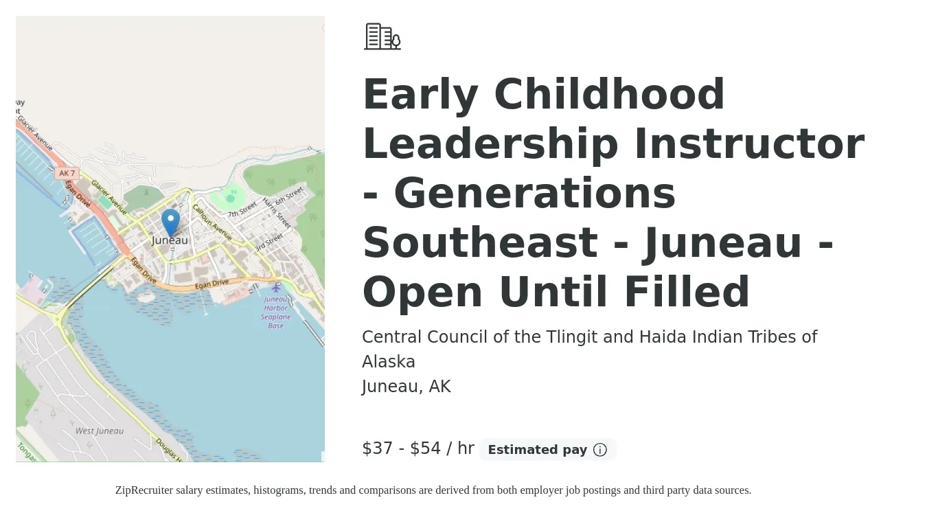 Central Council of the Tlingit and Haida Indian Tribes of Alaska job posting for a Early Childhood Leadership Instructor - Generations Southeast - Juneau - Open Until Filled in Juneau, AK with a salary of $39 to $57 Hourly with a map of Juneau location.