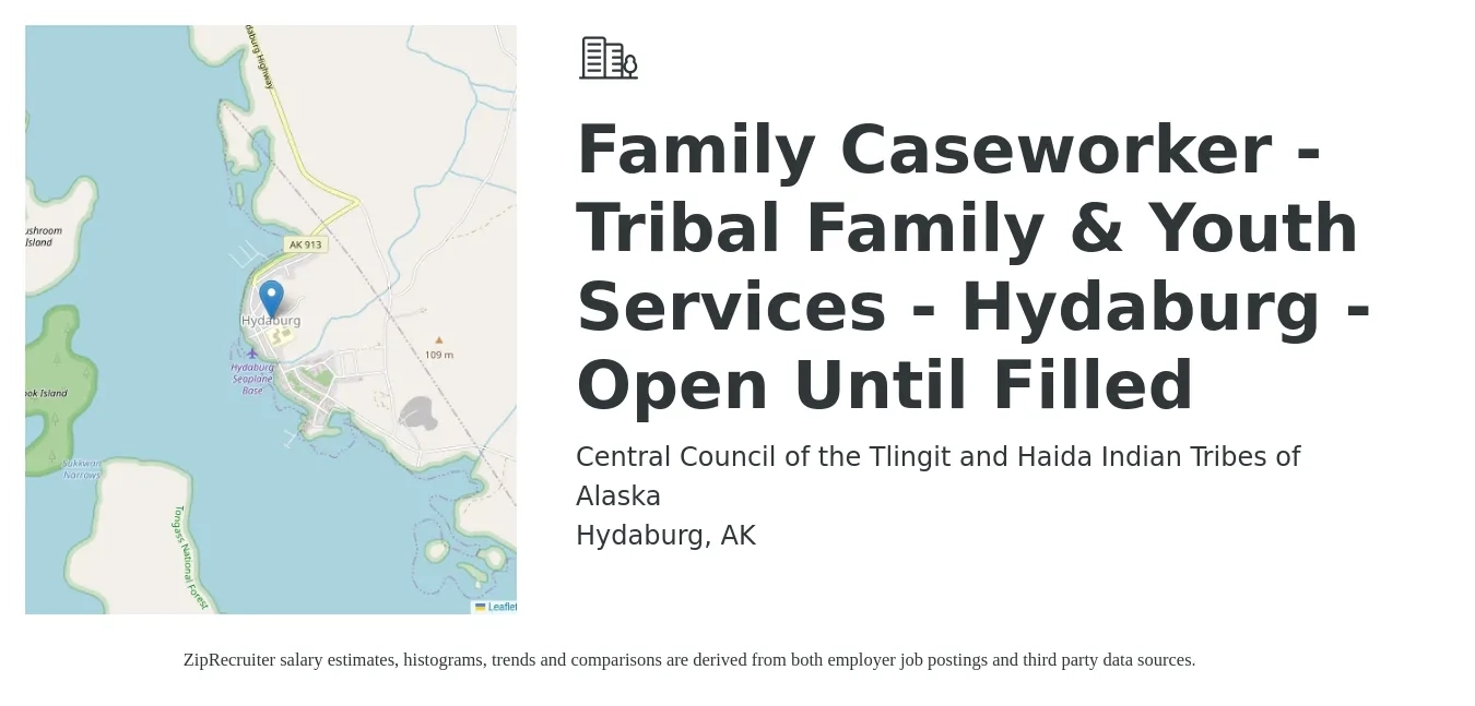 Central Council of the Tlingit and Haida Indian Tribes of Alaska job posting for a Family Caseworker - Tribal Family & Youth Services - Hydaburg - Open Until Filled in Hydaburg, AK with a salary of $27 to $35 Hourly with a map of Hydaburg location.