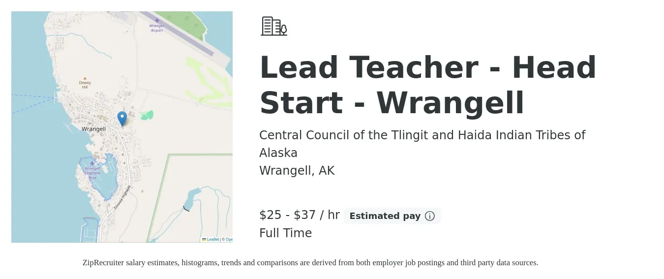 Central Council of the Tlingit and Haida Indian Tribes of Alaska job posting for a Lead Teacher - Head Start - Wrangell in Wrangell, AK with a salary of $27 to $39 Hourly with a map of Wrangell location.