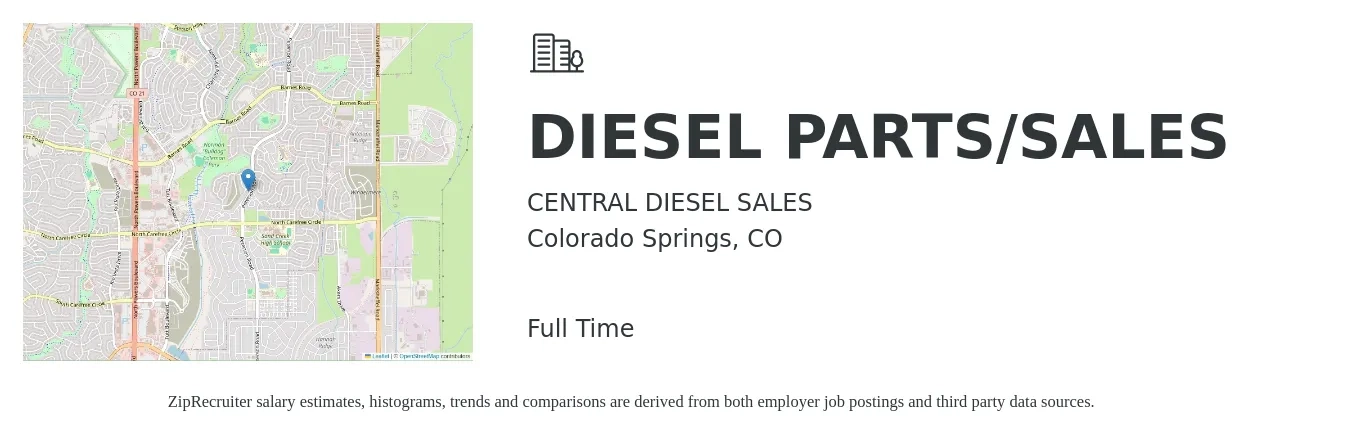 CENTRAL DIESEL SALES job posting for a DIESEL PARTS/SALES in Colorado Springs, CO with a salary of $64,500 to $89,700 Yearly with a map of Colorado Springs location.